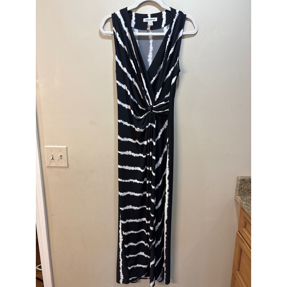 Tommy Bahama Black White Tie Dye O-Ring Maxi Dress XXS Sleeveless V-Neck Jersey